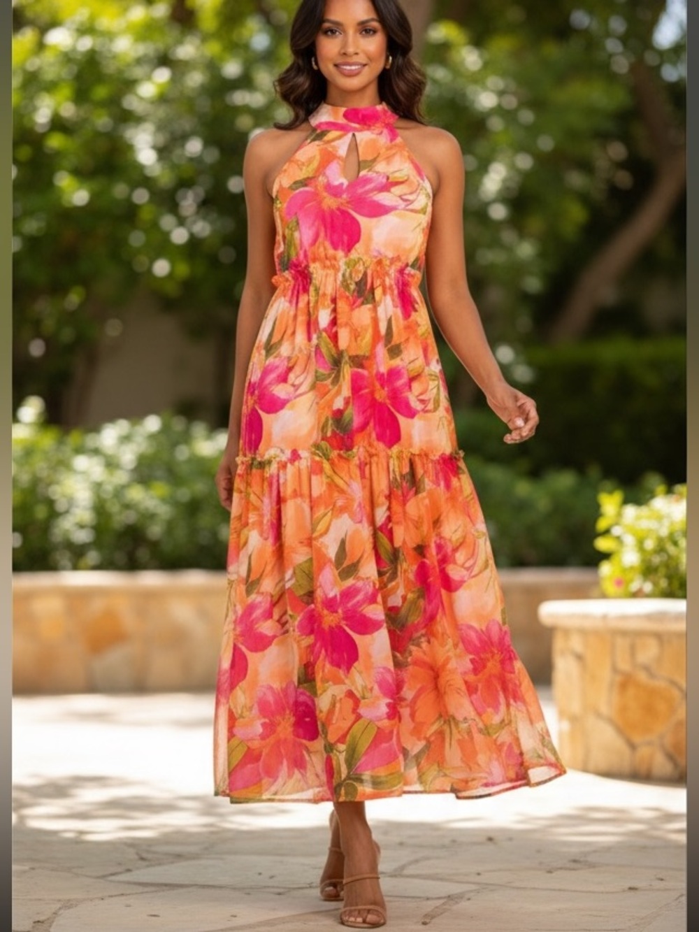 Nicole Miller NEW
YORK NWT Floral Halter Chiffon
Tiered Dress Pink Orange Small